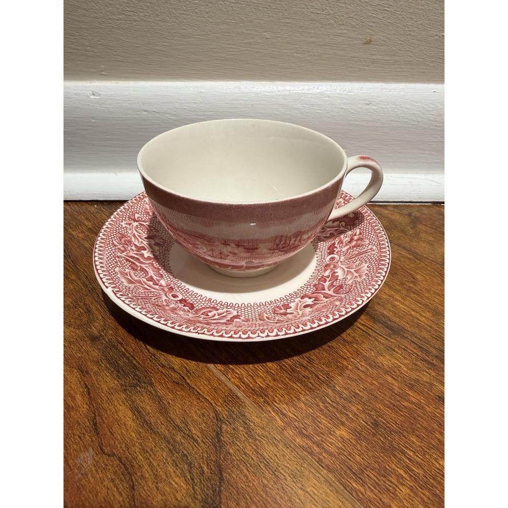 Vintage Johnson Bros. Historic America Staffordshire Pink Red Tea Cup & Saucer